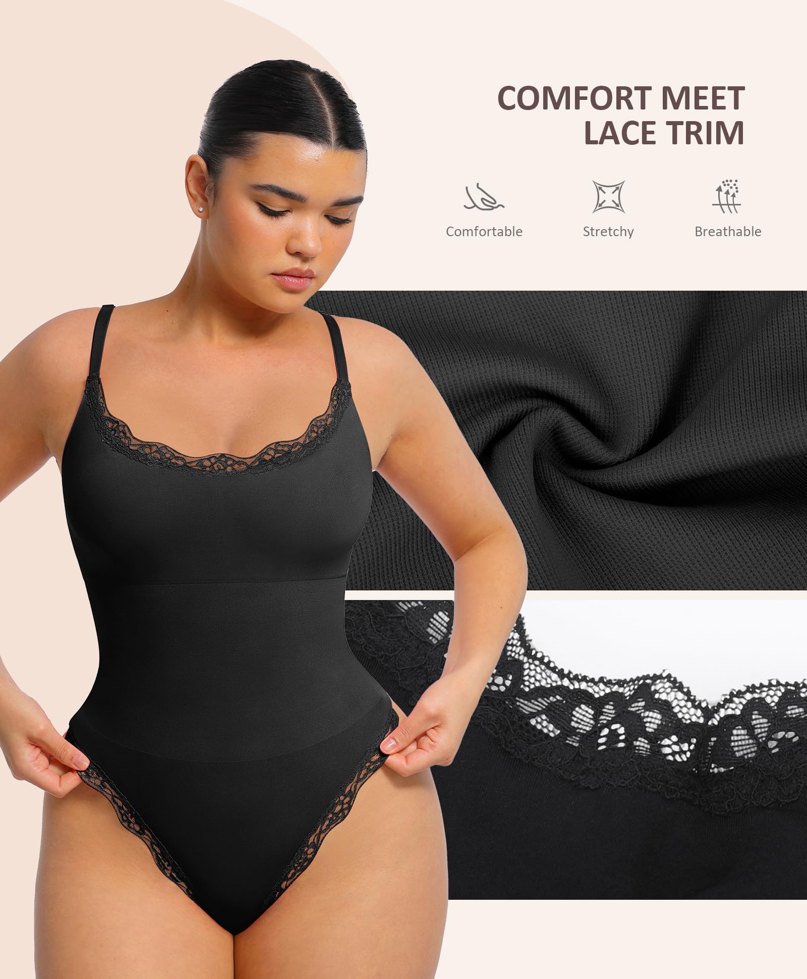 FeelinGirl Lace Bodysuits for Women Shapewear Tummy Control Thong Cami Bodysuit Tops with Adjustable Spaghetti Straps - Image 3