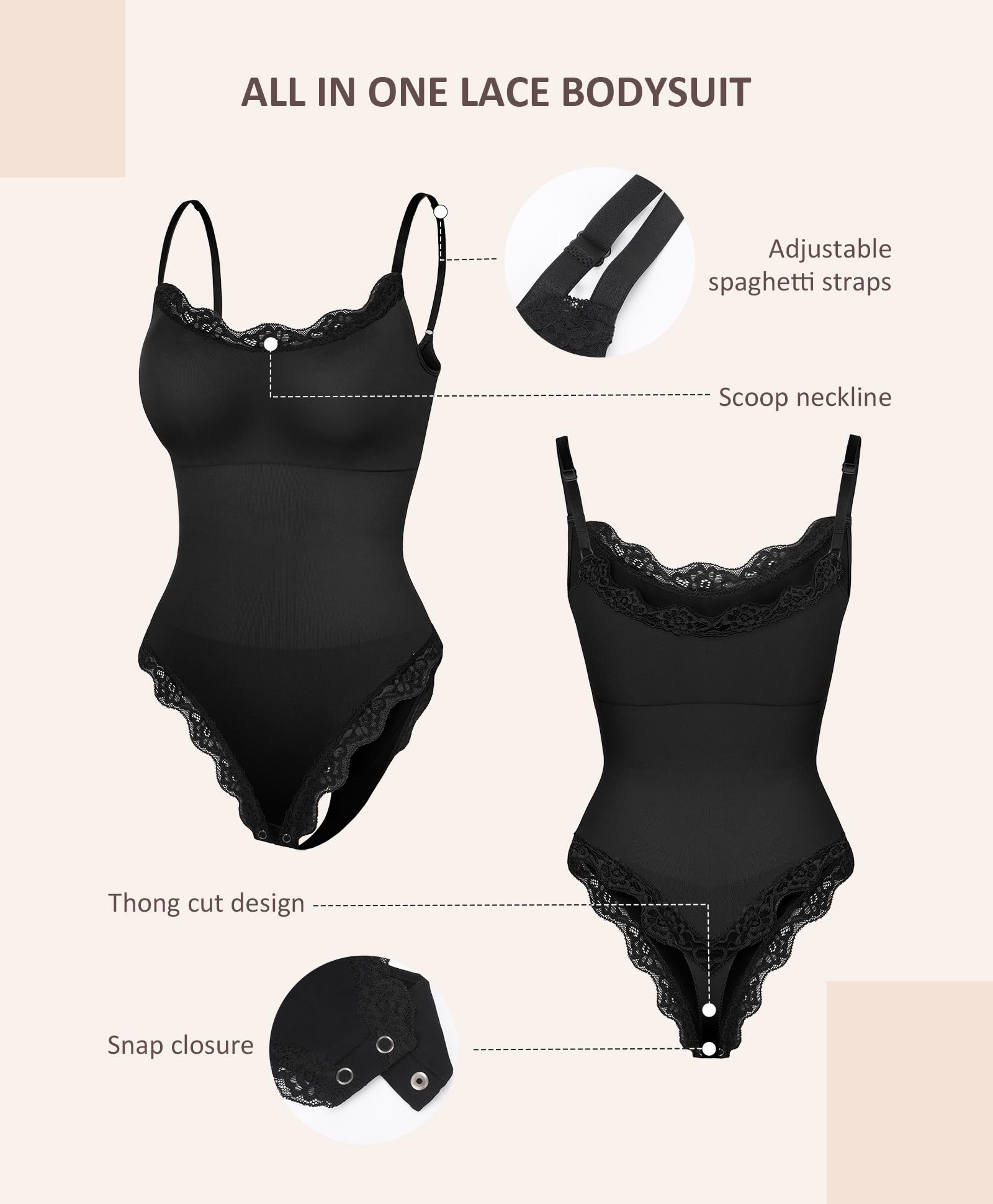 FeelinGirl Lace Bodysuits for Women Shapewear Tummy Control Thong Cami Bodysuit Tops with Adjustable Spaghetti Straps - Image 4