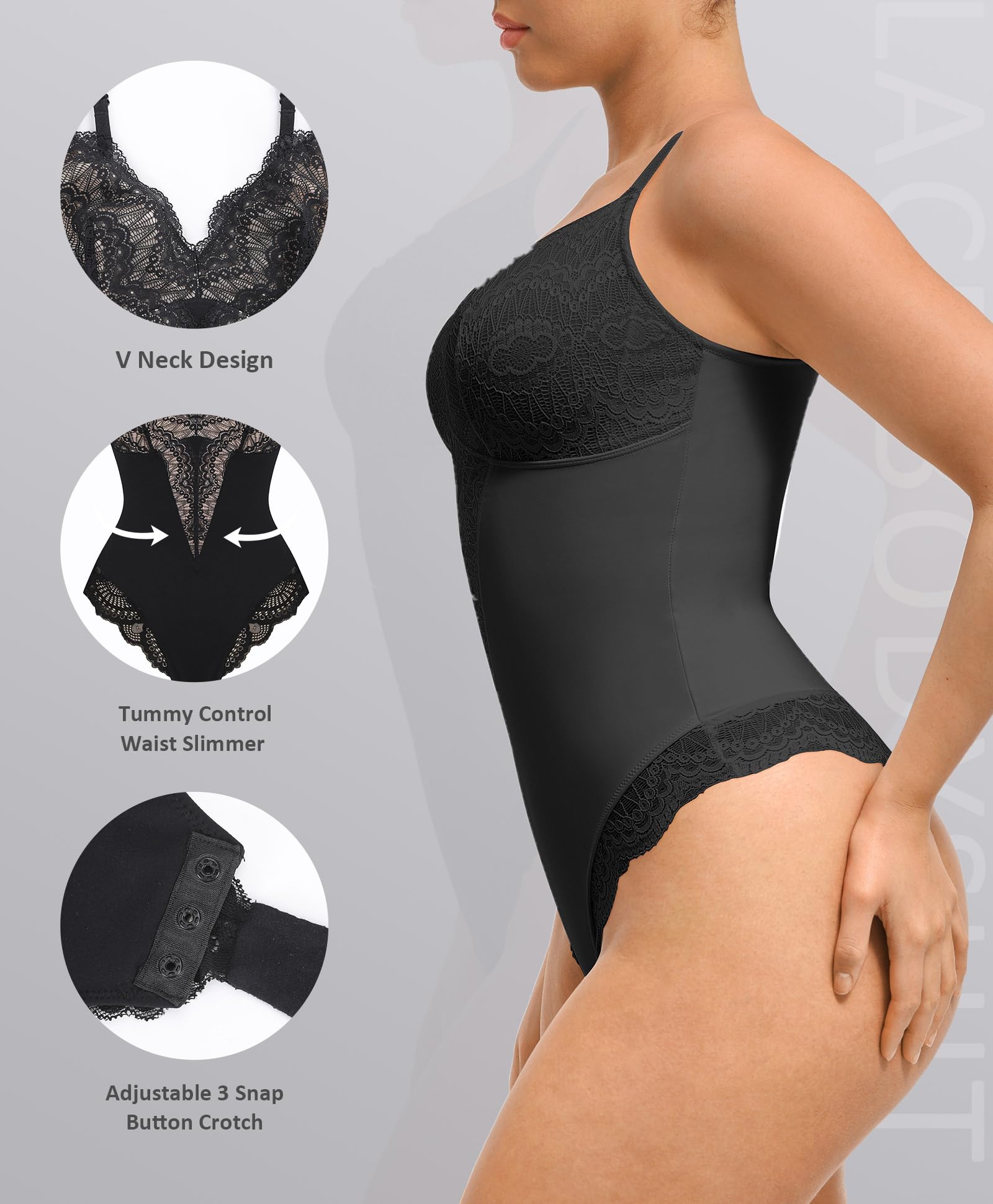 FeelinGirl Womens Body Suits Shapewear Tummy Control Backless Thong Body Shaper V Neck Compression Lace Bodysuit Tops - Image 4